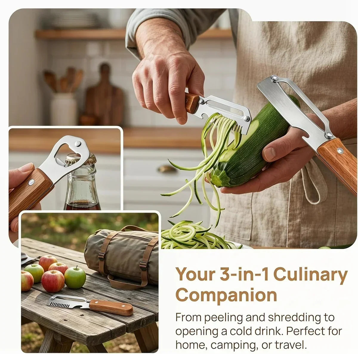 3-in-1 Wood Handle Peeler | Ultra-Sharp Blade + Scallion Shredder + Bottle Opener